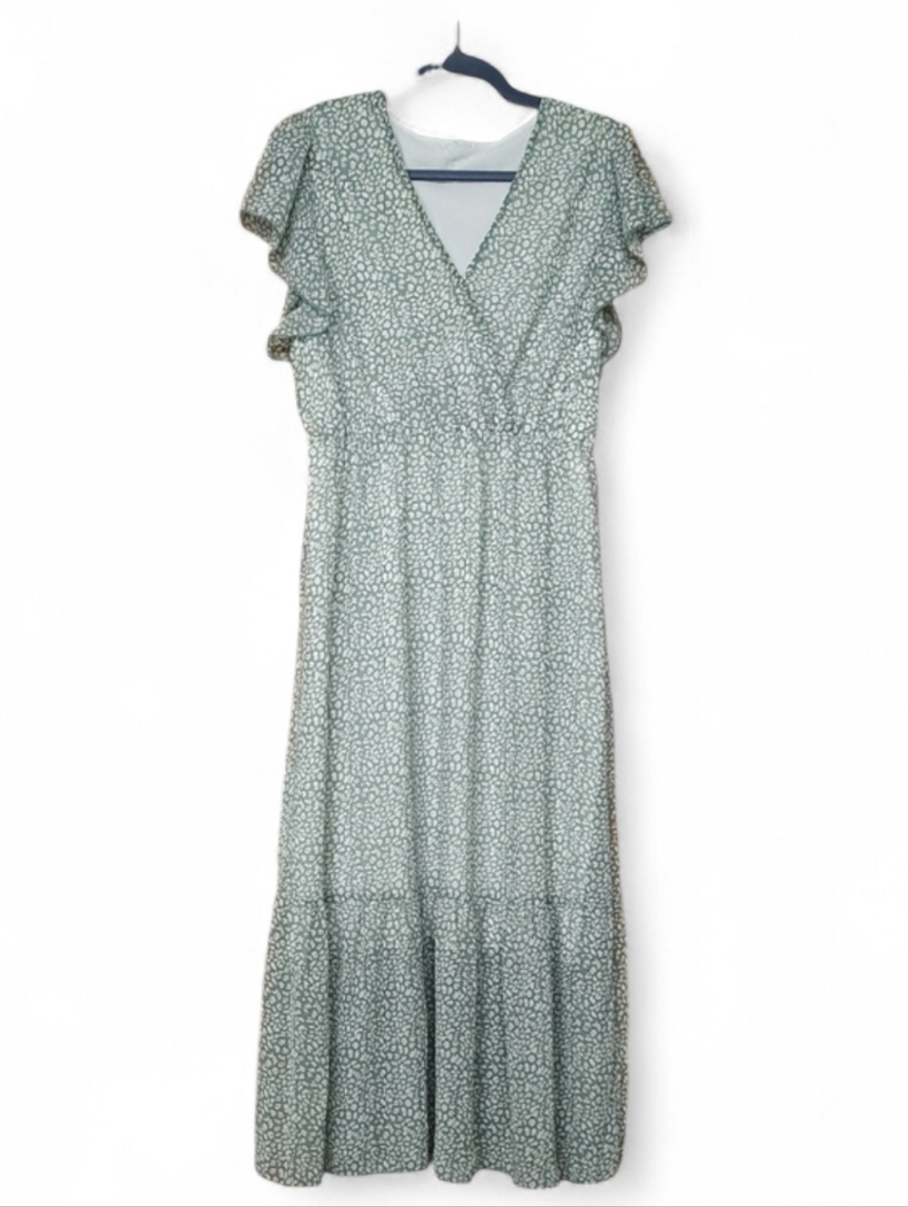 Green & White Flutter Sleeve V Neck Dress With Elastic Waist Sz Large